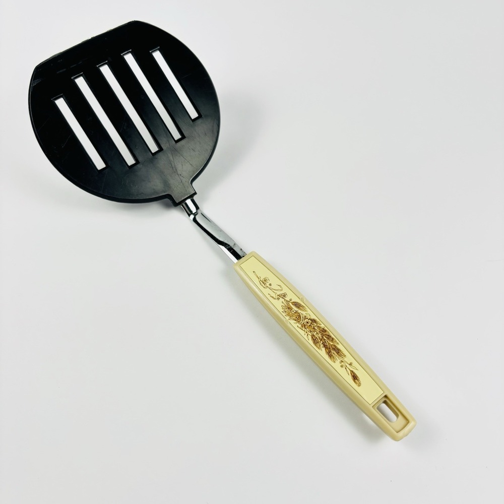 VTG Wide Slotted Spatula‎ By KOCO Japan Black Nylon Wheat Floral Graphics
